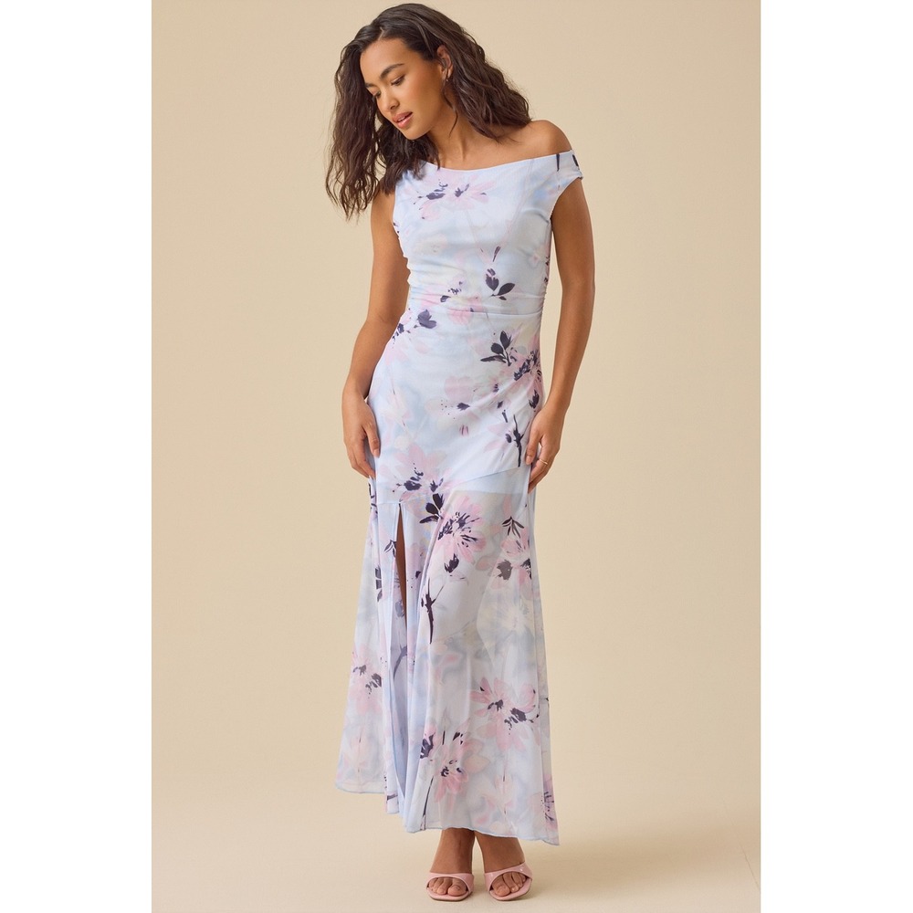 Altar'd State Blue‎ Purple Floral Mesh Maxi Dress Boat Neck Ruched Size 2XL